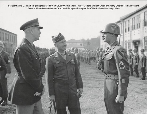 U.S. Army Master Sgt. Mike C. Pana, right, is congratulated by 1st Calvary Commander Maj. Gen. William Chase, left, and Army Chief of Staff Lt. Gen. Albert Wedemeyer at Fort McGill, Japan, during the Battle of Manila Day in February, 1949. State Rep. Stan Kitzman has submitted Pena for the Texas Legislative Medal of Honor.
